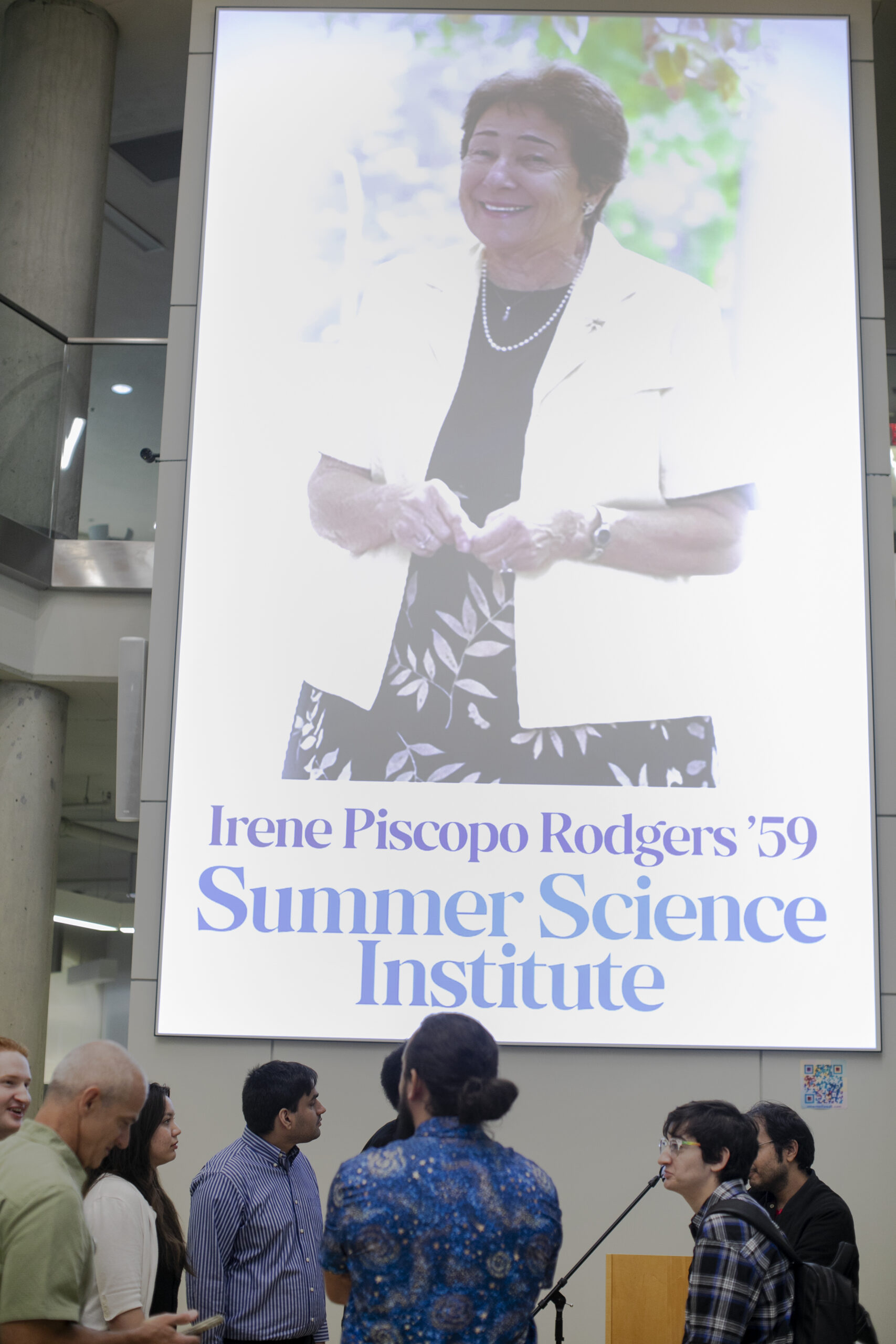 UMW named its 10-week undergraduate STEM research program the Irene Piscopo Rodgers '59 Summer Science Institute at a ceremony in the Hurley Convergence Center lobby during SSI's annual symposium on Wednesday. The late donor left her alma mater a transformational $30 million estate gift for undergraduate scientific research and scholarships. Photo by Karen Pearlman.