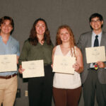 At UMW's 25th annual Summer Science Institute, several students earned awards from the John C. and Jerri Barden Perkins '61 College of Arts and Sciences Student Research Endowment, which will provide funding for them to continue their research during the academic year. From left: Boone Fleenor '26, Morgan Hicok '25, Kate Green '25, and Joseph Gasink '26. Photo by Karen Pearlman.