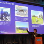 Sean McGavin '25 points out photos from his college journey on a slideshow presentation. Photo by Karen Pearlman.