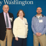 Senior Jarad Ponce, recipient of the Carrie S. and Arthur L. Galloway Scholarship, among others, poses for a picture with George K. and Sallie Galloway Gill ’65, who named their scholarship in memory of Sally's parents. Photo by Karen Pearlman.