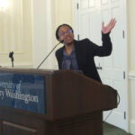 Senior Martina Pugh pitched a proposal, "Preventing Period Poverty." The impact grant she received will help purchase four "Aunt Flow" machines to distribute free menstrual products in bathrooms on campus. Photo by Karen Pearlman.