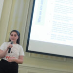 First-year student Sarah Tyree-Hermann speaks about how UMW Votes educates students about voting procedures and makes the ballot box more accessible. Along with Center for Community Engagement Director Sarah Dewees, Sarah earned an impact grant for the organization to rent a trolley to transport students to the polls on Election Day. Photo by Karen Pearlman.