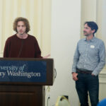 Senior Steve McClanahan (left) talks about the impact that the Digital Knowledge Center and its director, Cartland Berge (right), had on his UMW experience. The pair earned an impact grant to upgrade the Charnoff Production Studio in the Hurley Convergence Center. Photo by Karen Pearlman.