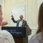 President Paino raises his glass to toast the 2024 graduates. Referencing the University's emphasis on experiential learning, he said that coming to UMW in the midst of a pandemic made the Class of 2024 among the "best prepared graduates in the history of Mary Washington." Photo by Karen Pearlman.
