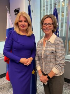 Mary T. Bradley MacPherson '71 (right) with President of Slovakia Zuzana Čaputová. Photo courtesy of Mary T. Bradley MacPherson '71. 