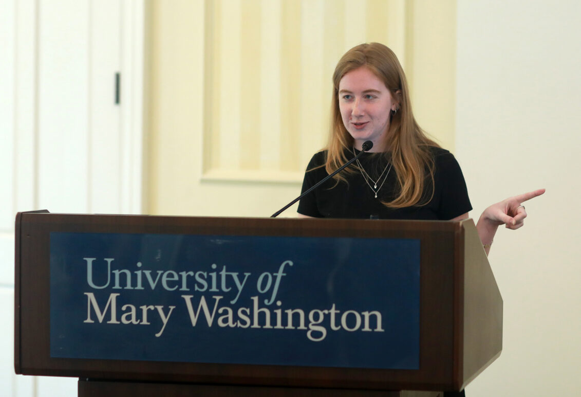 Junior Callie Harkins, editor of UMW's student newspaper, The Weekly Ringer, earned a Fund for Mary Washington Impact Grant to secure membership in the Virginia Press Association and begin printing the paper in color. Photo by Karen Pearlman.