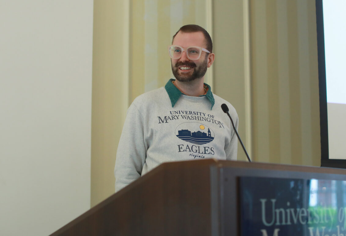 Assistant Professor of Studio Art Coorain Devin introduces the concept for 'Print-a-Palooza,' a large-scale event to introduce printmaking to the campus, which earned a Fund for Mary Washington Impact Grant. Photo by Karen Pearlman.