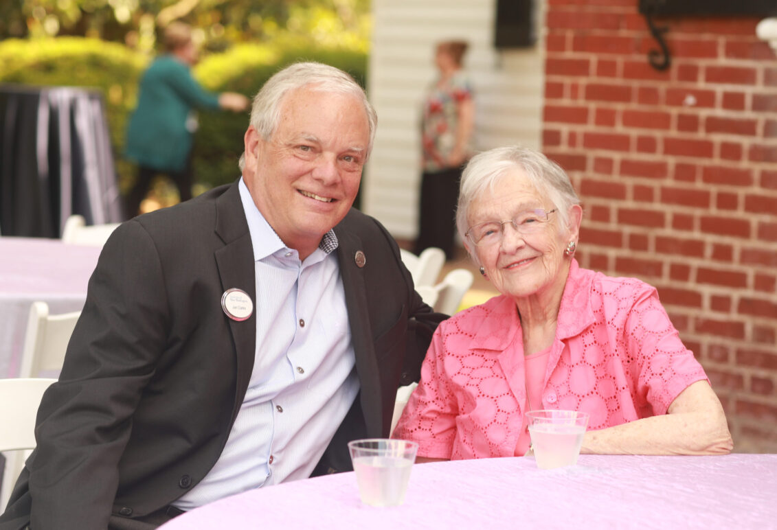 Assistant Vice President of Gift Planning Jan Clarke, who is retiring this summer, poses for a photo with Marcy Weatherly Morris '50. Photo by Karen Pearlman.