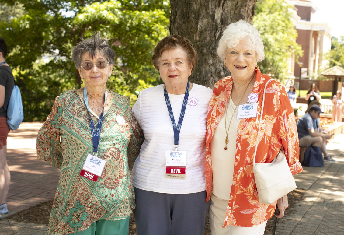 From left: 1959 alumnae Edna Gooch Trudeau, Ann Brooks Coutsoubinas, and Dodie Reeder Hruby, who are also members of the 1908 Society, celebrate their 65th reunion with a class photo in 2024. Photo by Karen Pearlman.