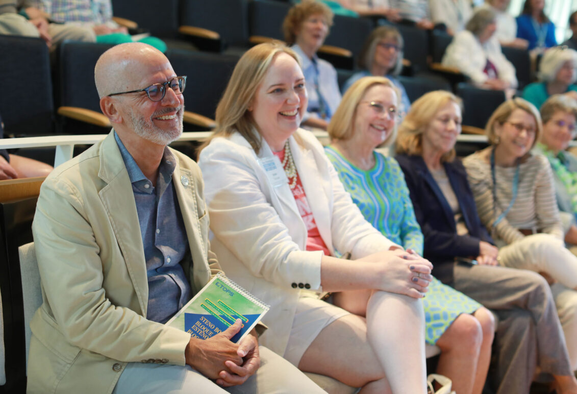 From left: President Troy Paino, Vice President for Advancement and Alumni Engagement and UMW Foundation Executive Director Katie Turcotte, JB Blair '82, and her family and friends listen to the remarks by Rob-Eastman-Mullins '00. Photo by Karen Pearlman.