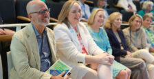 From left: President Troy Paino, Vice President for Advancement and Alumni Engagement and UMW Foundation Executive Director Katie Turcotte, JB Blair '82, and her family and friends listen to the remarks by Rob-Eastman-Mullins '00. Photo by Karen Pearlman.