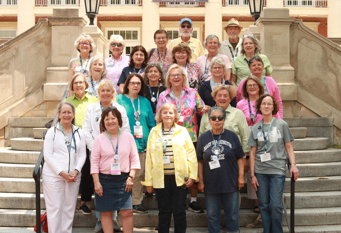 Members of the Class of 1975, who celebrated their 50th reunion and entrance into the 1908 Society, pose for a photo on the Lee Hall steps. Photo by Karen Pearlman.