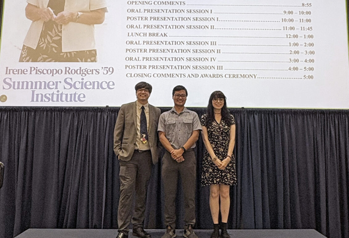 Joey Gasink '26 (left) and Summer Orledge '26 (right) with their faculty mentor, Associate Professor of Environmental Science Tyler Frankel (center). Gasink and Orledge placed first and second in the poster presentation category at the Irene Piscopo Rodgers '59 Summer Science Institute symposium, which earned them funding through the John C. and Jerri Barden Perkins '61 College of Arts and Sciences Student Research Endowment. Photo courtesy of Betsy Lewis/College of Arts and Sciences.