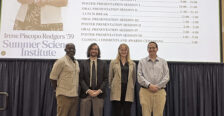 Eric Torres '26 (center left) and Lily Gruss '27 (center right) pose with their faculty mentors, Professor of Geology and Environmental Science Ben Odhiambo Kisila (left) and Professor of Chemistry Davis Oldham (right). Torres and Gruss placed first and second in the oral presentation category at the Irene Piscopo Rodgers '59 Summer Science Institute symposium, which earned them funding through the John C. and Jerri Barden Perkins '61 College of Arts and Sciences Student Research Endowment. Photo courtesy of Betsy Lewis/College of Arts and Sciences.