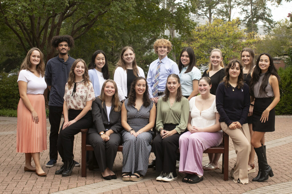 Mallory (back row, third from left) with her fellow Washington and Alvey Scholars at a reception at the Jepson Alumni Executive Center's Kalnen Inn in fall 2023. Photo by K Pearlman Photography.
