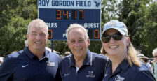 In addition to President Troy Paino, Coach Gordon (center) thanked current UMW Director of Athletics Patrick Catullo '95 (left) and Vice President for Advancement and Alumni Engagement Katie Turcotte (right), who is also executive director of the UMW Foundation. Both worked with dedicated alumni to reach out to men's and women's soccer supporters. Photo courtesy of Katie Turcotte.