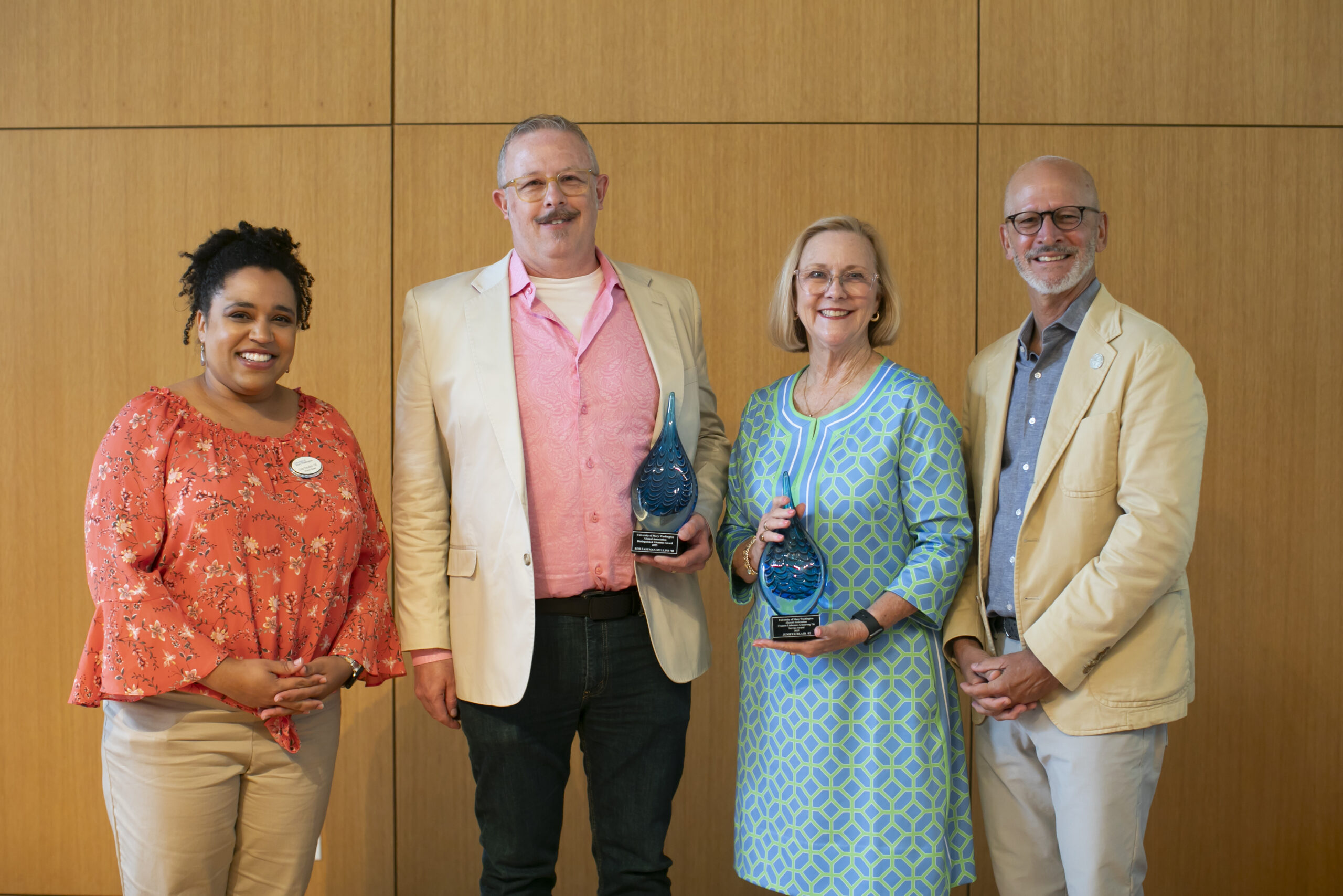 The University of Mary Washington's Alumni Association Board of Directors held its annual Alumni Awards ceremony during Reunion Weekend 2025, honoring Rob Eastman-Mullins '00 and Jenifer 'JB' Blair '82, as well as Shirley Martey Hargis '14 (not pictured). Here, they pose for a photo with Alumni Awards Vice President Lisa Maloney Keyser '05 and UMW President Troy Paino. Photo by Karen Pearlman.