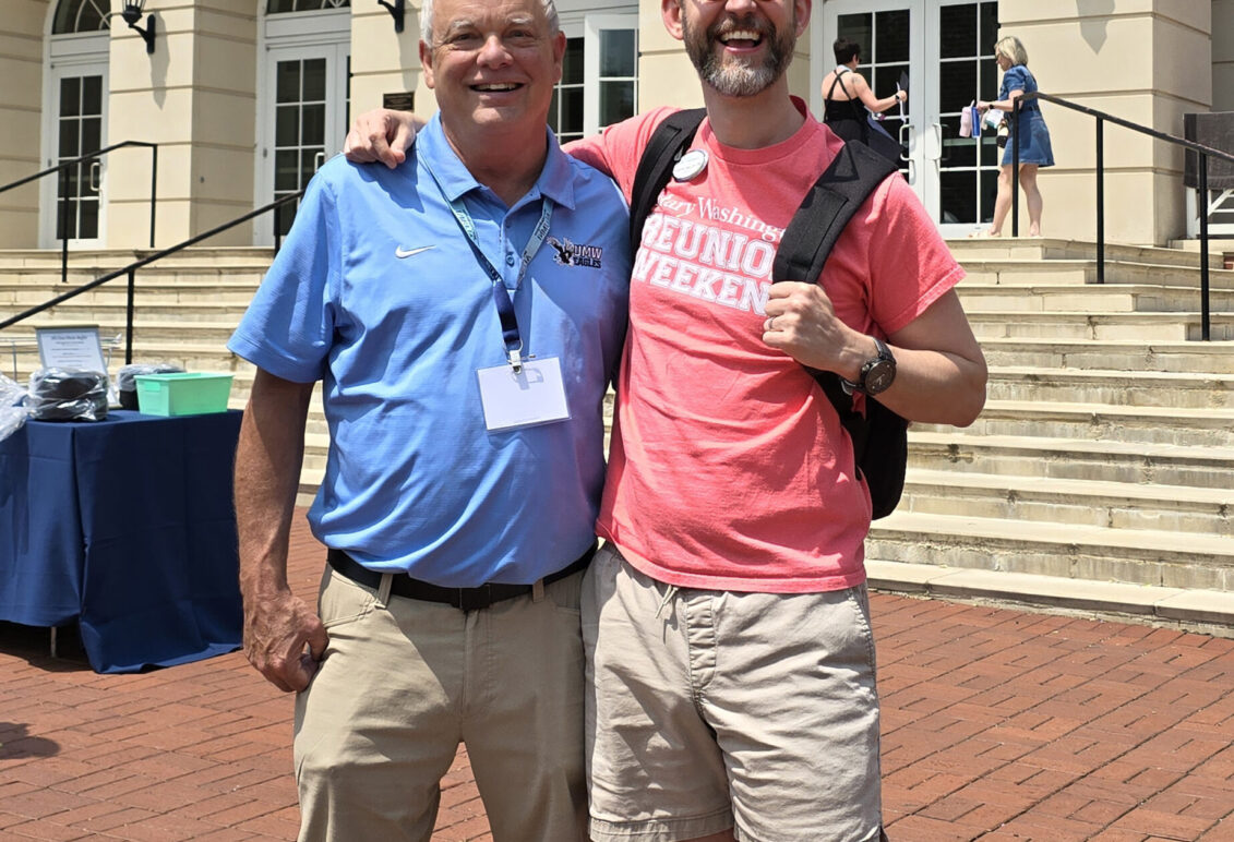 Longtime colleagues Jan Clarke and Jeremy Vaughn '08 outside the Cedric Rucker University Center at Reunion Weekend. Jeremy recently became the executive director of gift planning and major gifts, carrying on Jan's work of helping Mary Washington donors fulfill their wishes while supporting current and future students through their estate gifts.