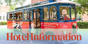 Photo of Reunion attendees getting on a red trolley with the words "Hotel Information" in an overlay
