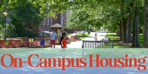 Photo of Reunion attendees on Campus Walk with the words "On-Campus Housing" in an overlay