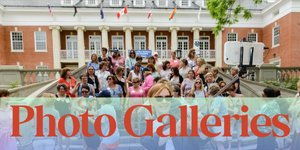 Photo of Reunion attendees on the steps of Lee Hall with the words "Photo Galleries" in an overlay