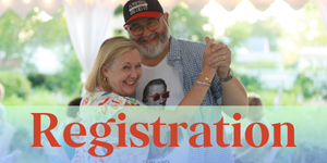 Photo of Reunion attendees dancing with the word "Registration" in an overlay